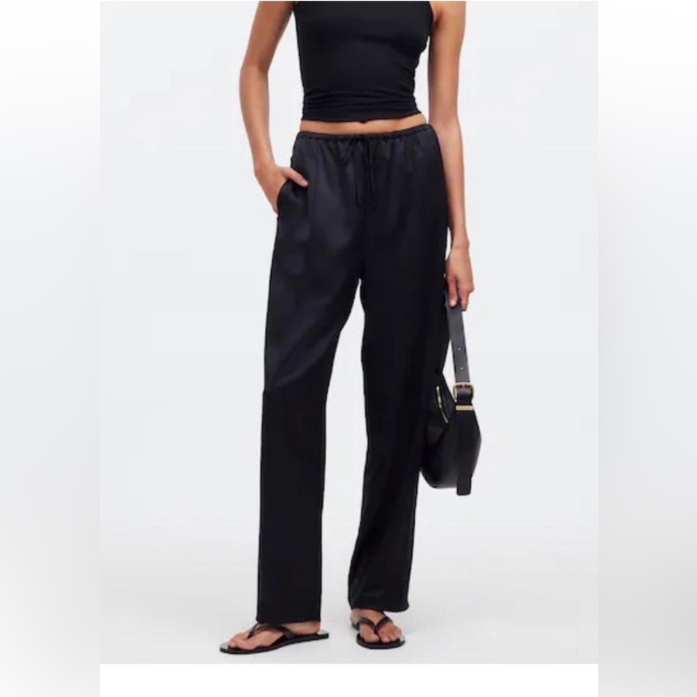 MADEWELL Pintucked Slim Pull-On Pants in Satin Black Size S
